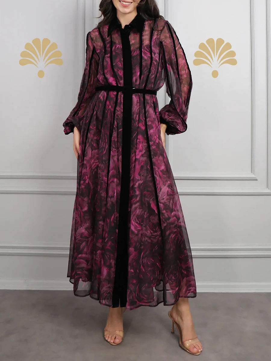 Sheer Spliced Belt Casual Dresses
