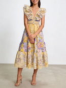 Printing Spliced Ruffles Folds Long Dresses