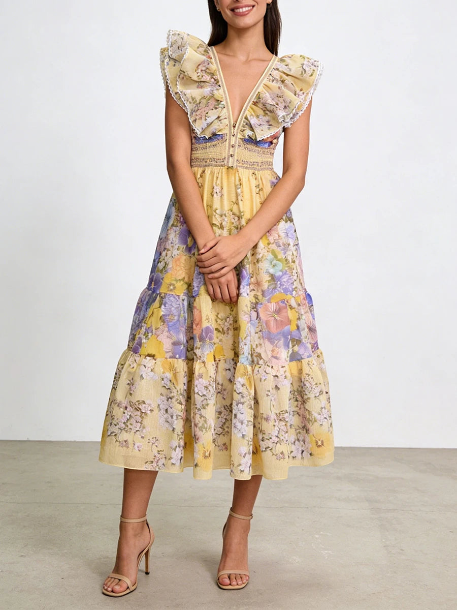 Printing Spliced Ruffles Folds Long Dresses