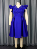 Plus Size Ruffle Sleeve A Line Dress with Pearl Embellished