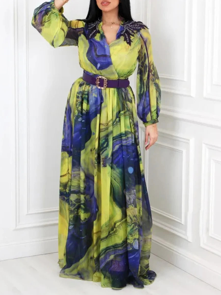 V-Neck Long Sleeves Patchwork Folds Dress