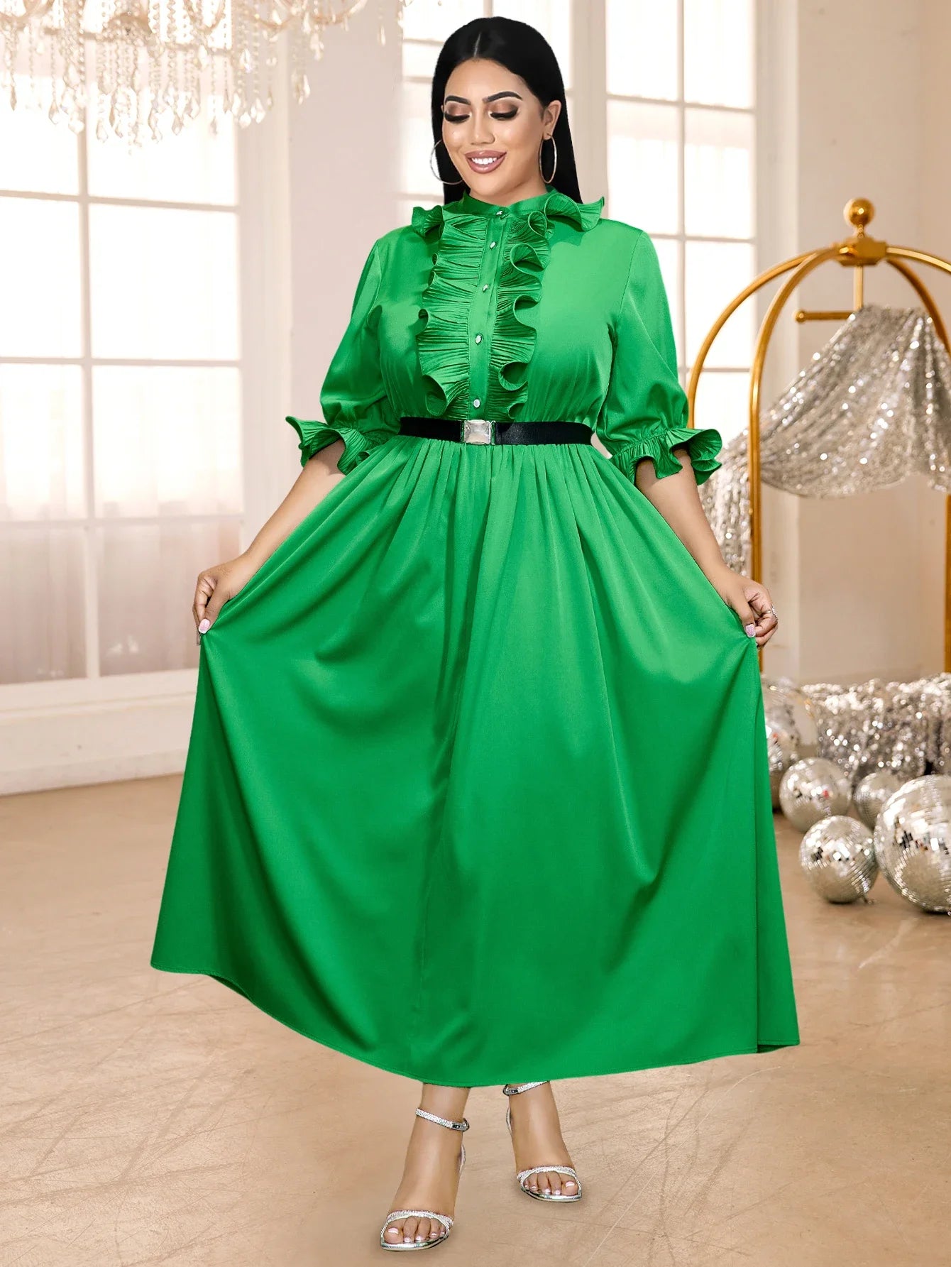 Plus Size Classy Green Pleated Dress