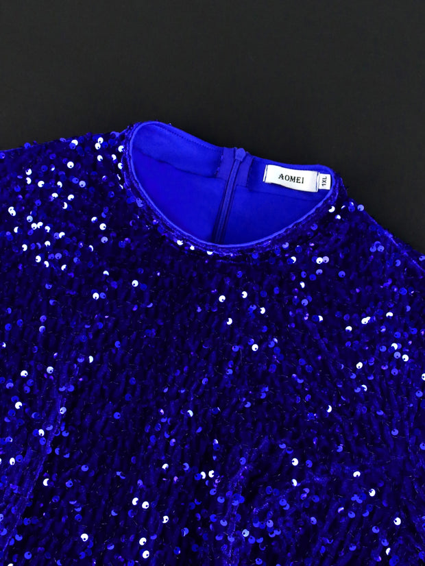 Blue Shiny Velvet Sequins Tassel Dress