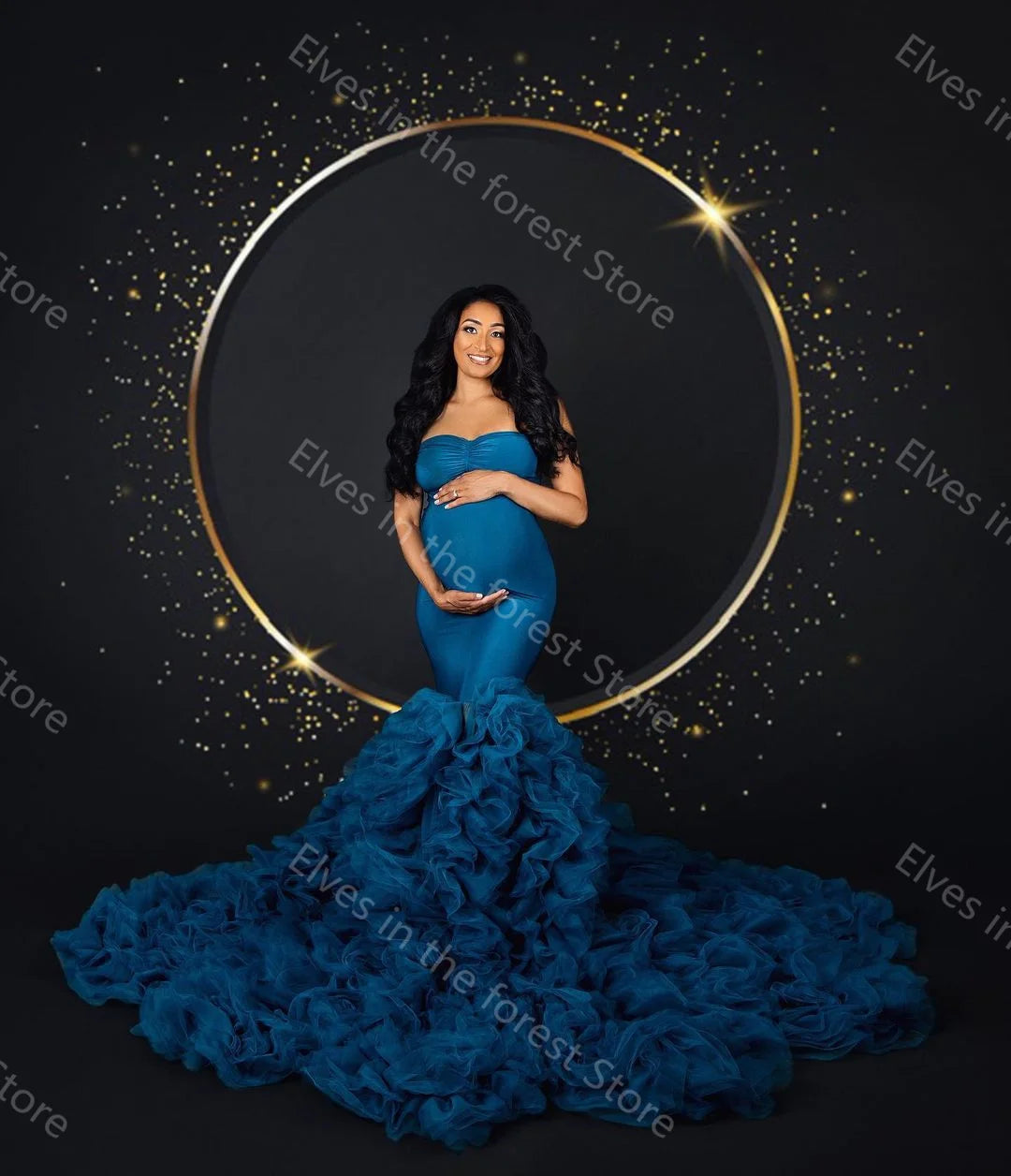 Romantic Blue Evening Dresses Tiered Ruffles Mermaid Babyshower Party Gowns Deatchable Sleeves Pregnant Women Photoshoot Robes