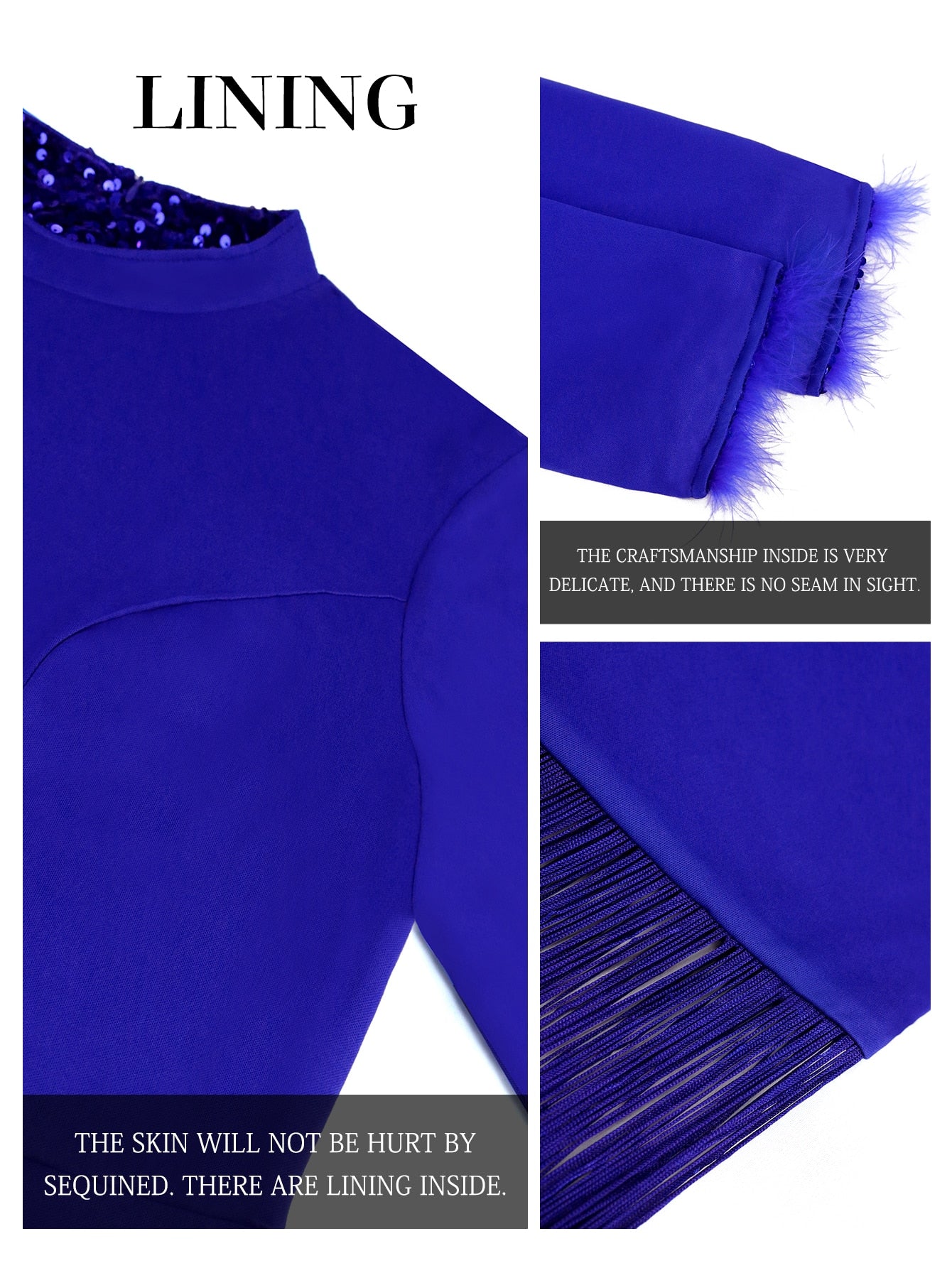 Women Blue Shiny Velvet Christmas Party Dress Sequins Long Sleeve Feather Tassel Bodycon Celebrate Occasion Birthday Gowns New