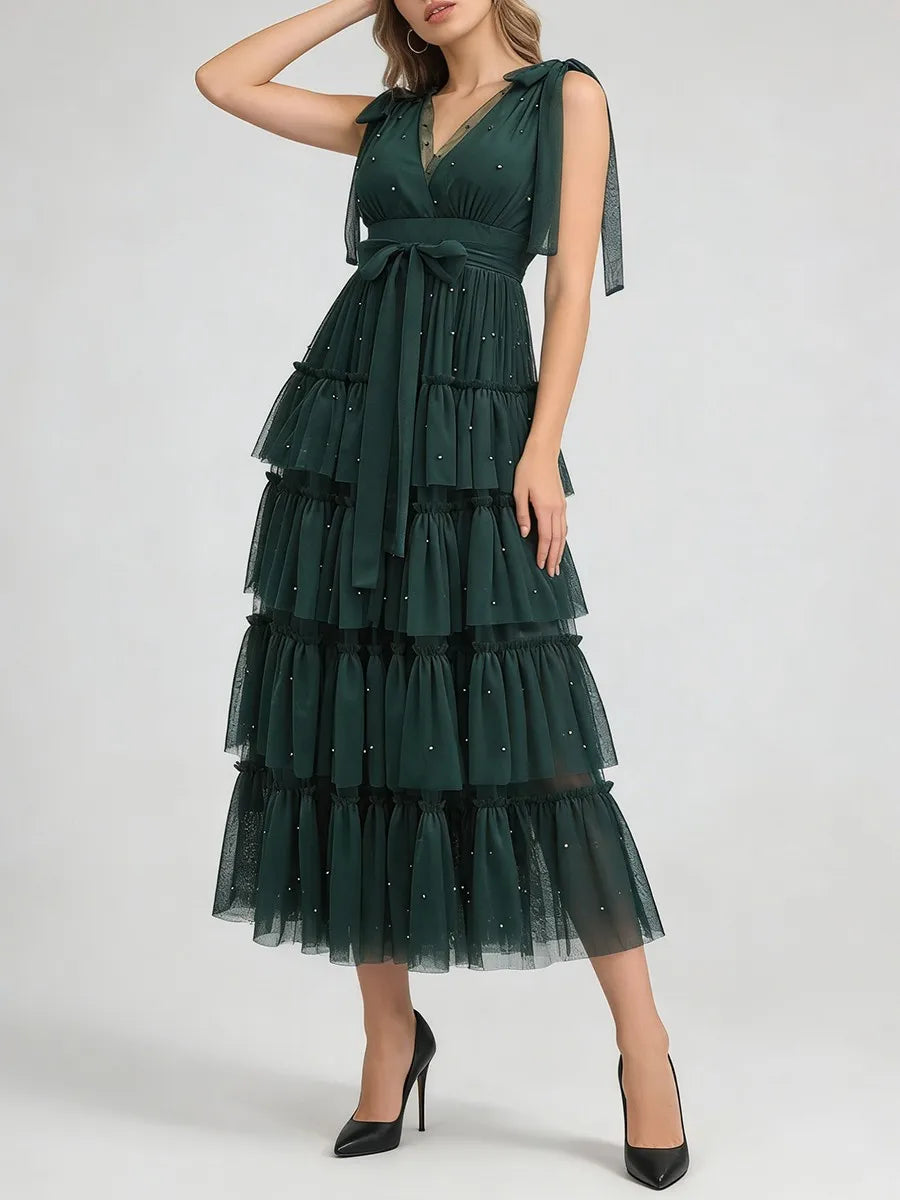 Spliced Ruffles Folds Long Dresses
