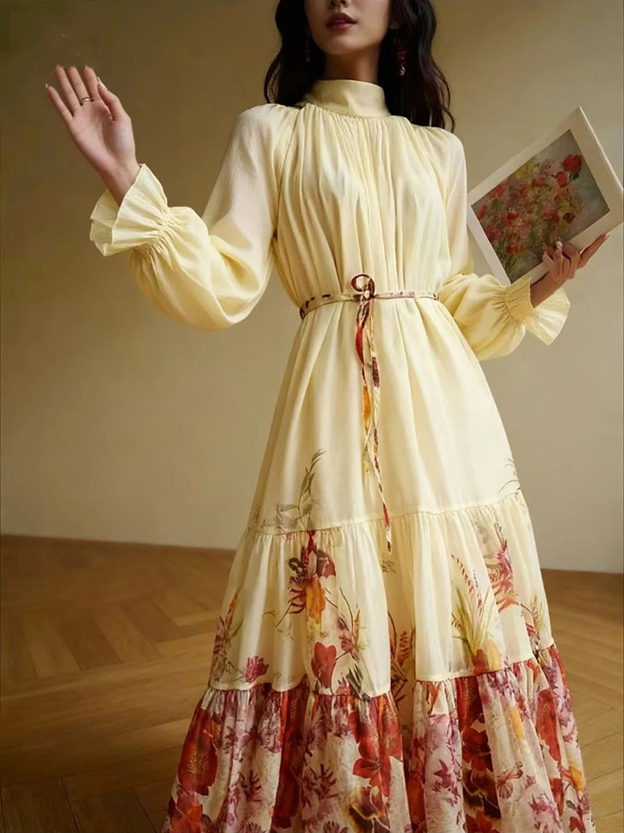 Hit Color Printing Spliced Folds Elegant Dresses