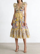 Printing Spliced Ruffles Folds Long Dresses