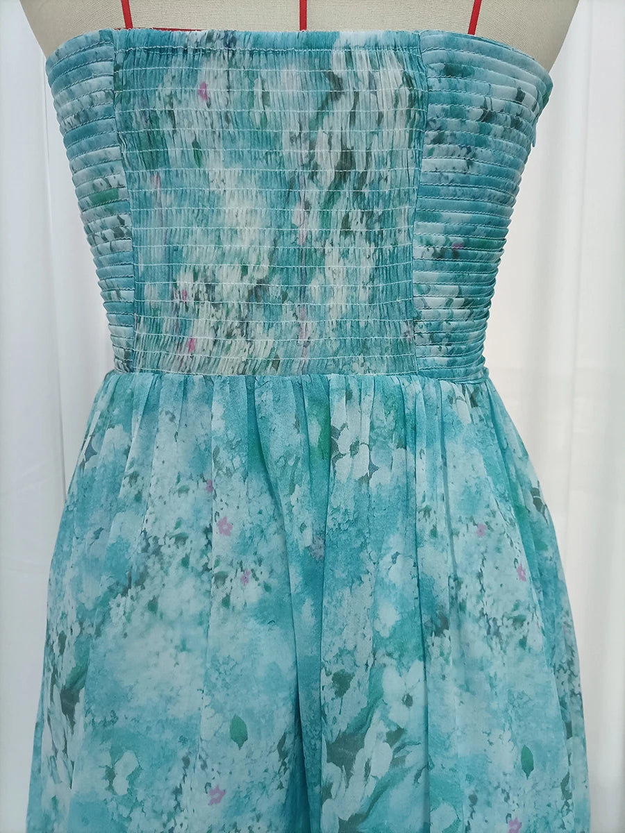 Blue Loose Spliced Flowers Dresses