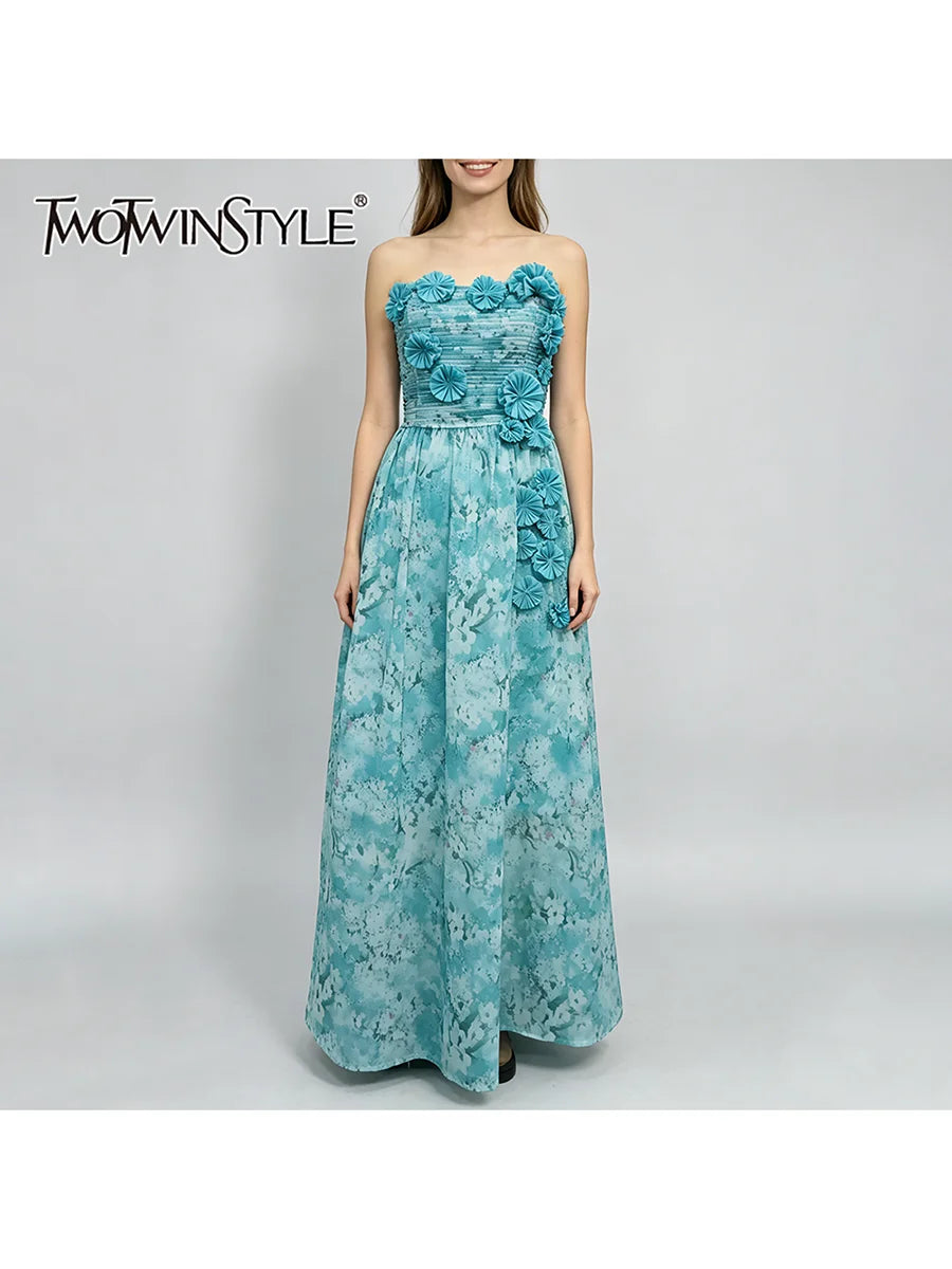 Blue Loose Spliced Flowers Dresses