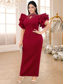 Wine Beading Mock Neck Dress