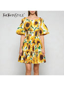 Sunflower Print Folds Dresses