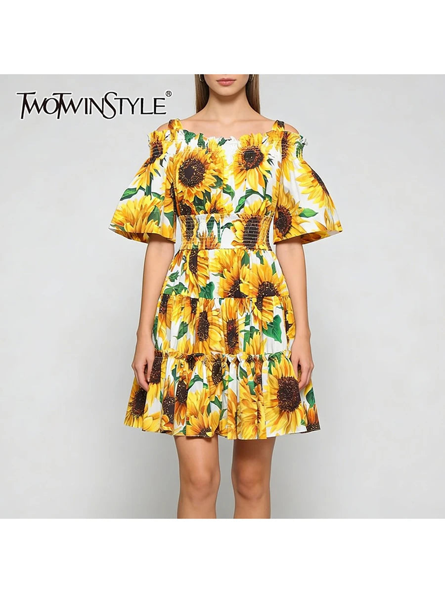 Sunflower Print Folds Dresses