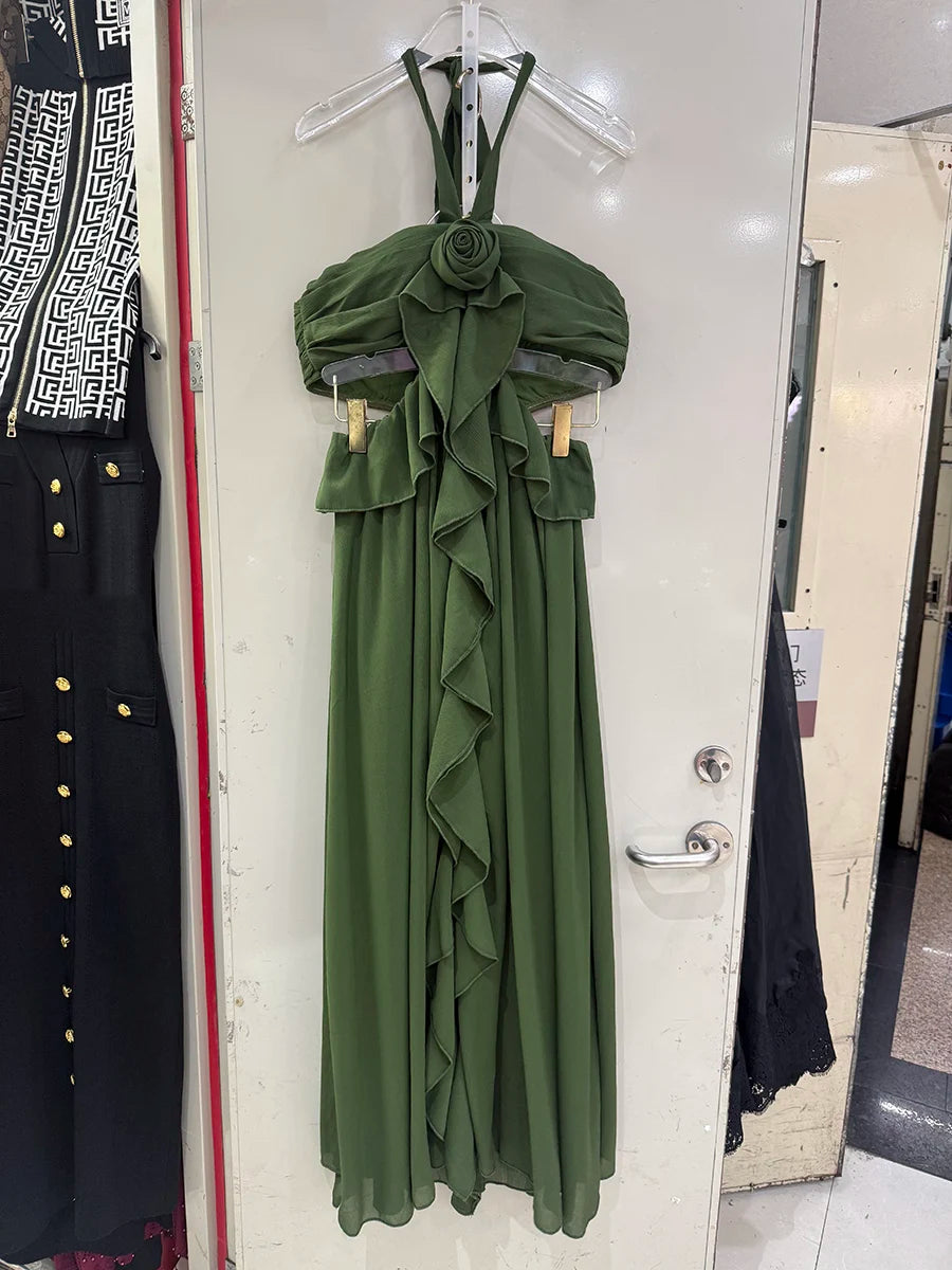 Solid Hollow Out Spliced 3D Flower Dress