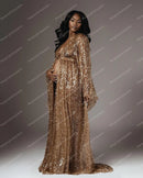 Glitter Sequined Long Maternity Dress For Photo Shoot Elegant V-neck Full Sleeves Pregnant Women Gowns Open Front Ladies Dress