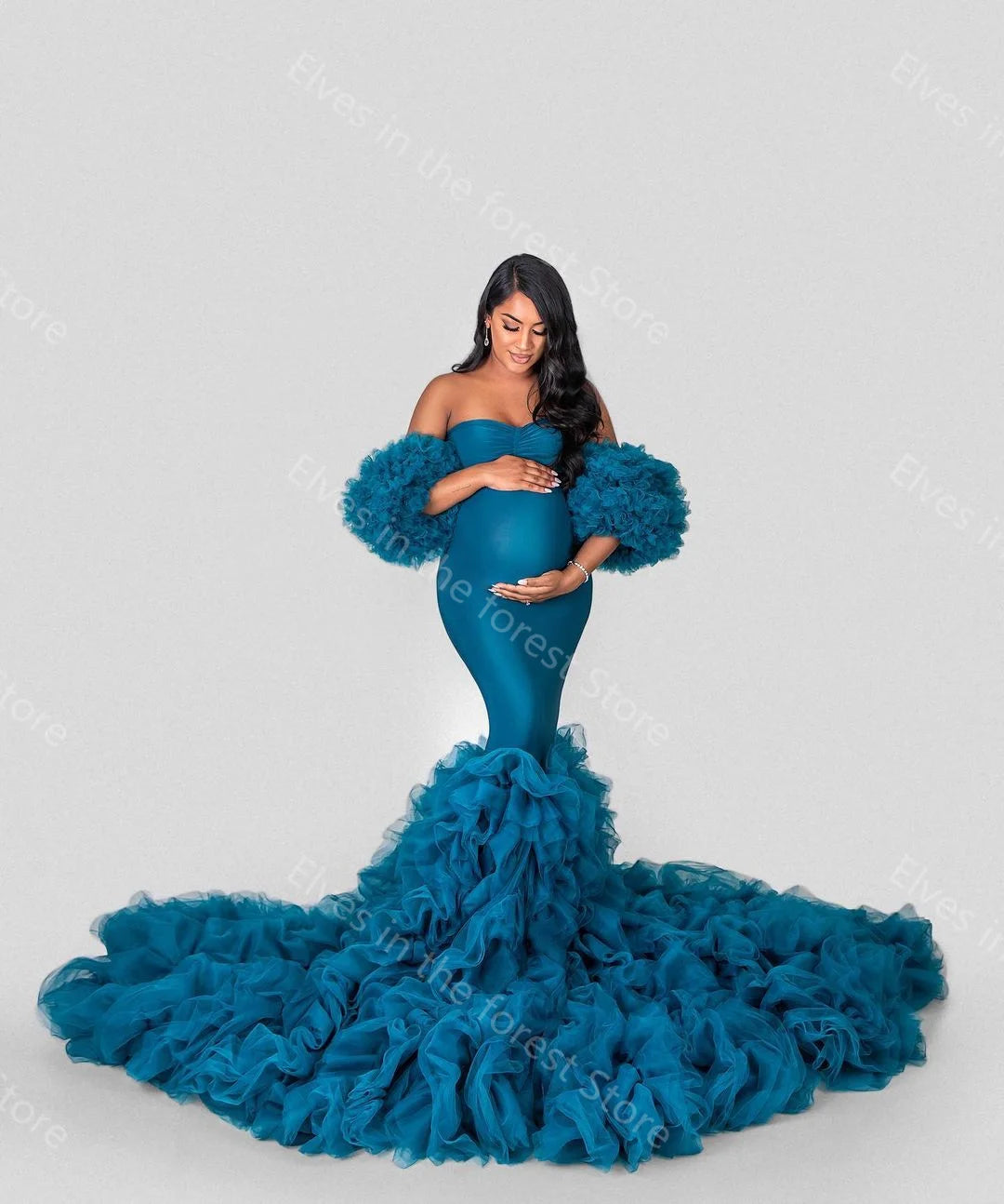 Romantic Blue Evening Dresses Tiered Ruffles Mermaid Babyshower Party Gowns Deatchable Sleeves Pregnant Women Photoshoot Robes