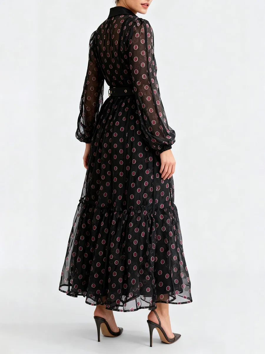 Printed Sheer Spliced Belt  Dresses