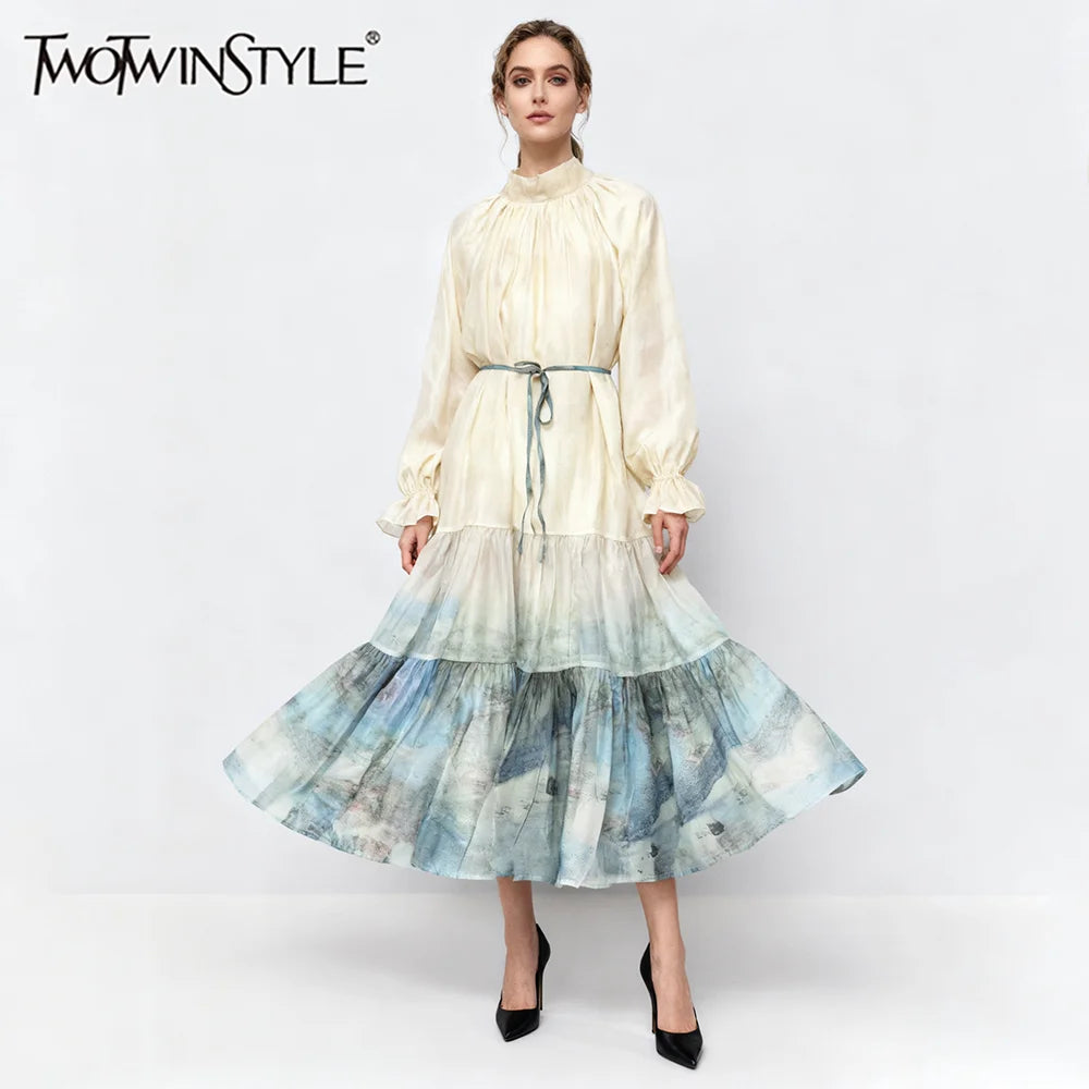 Gradient Loose Spliced Lace Up Dresses