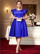 Plus Size Ruffle Sleeve A Line Dress with Pearl Embellished