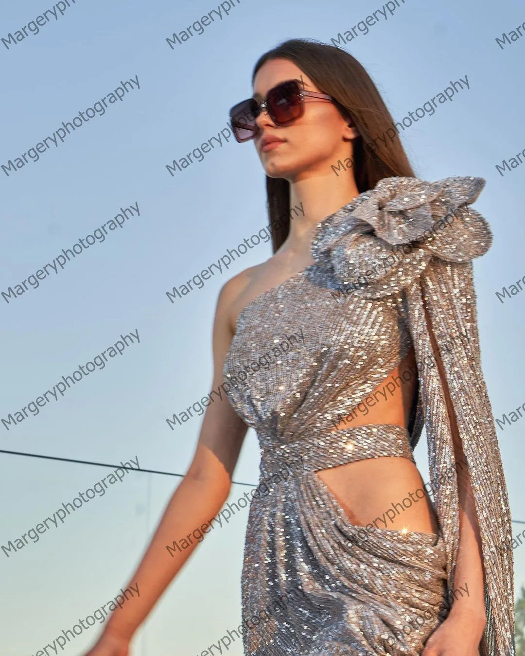 One Shoulder Sequins Evening Dress