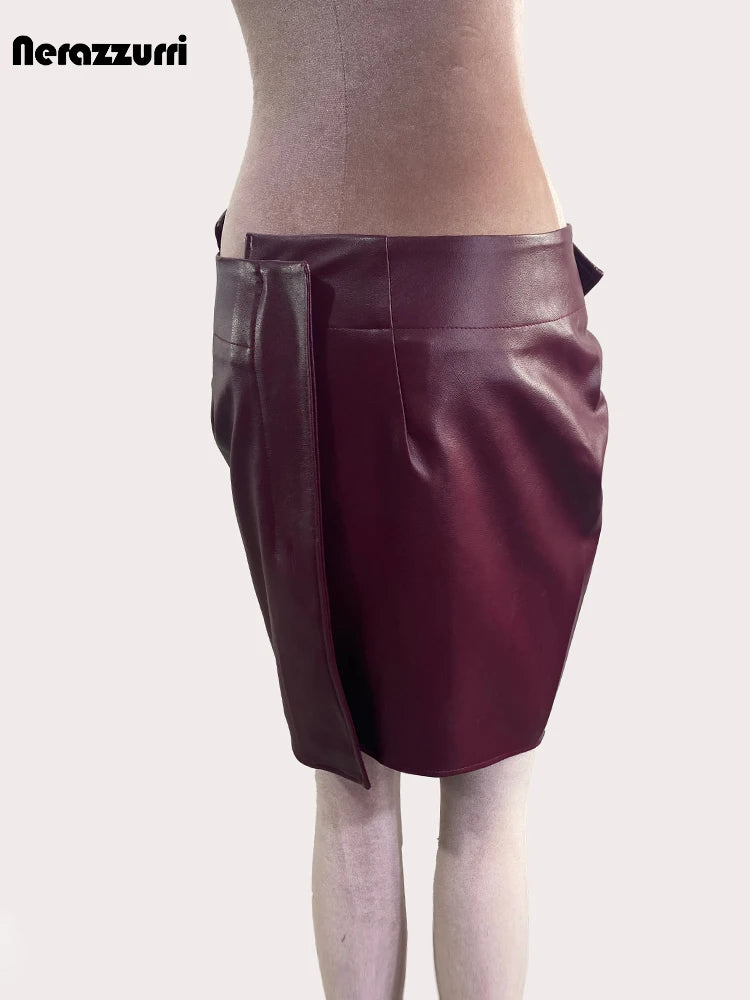 Wine Red Patchwork Leather Mini Skirt