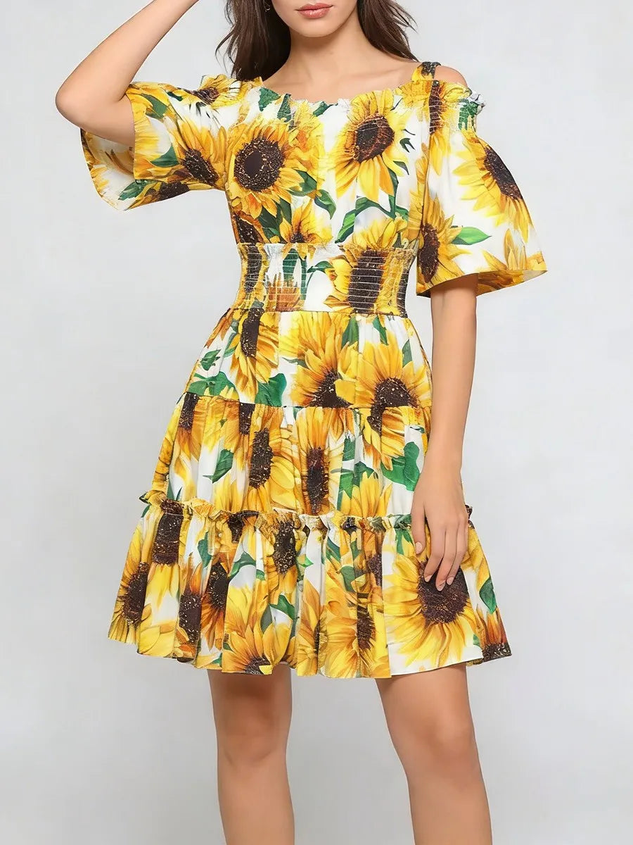 Sunflower Print Folds Dresses
