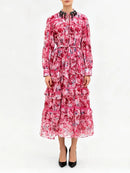 TWOTWINSTYLE Printing Spliced Bead Elegant Dresses for Women Round Neck Long Sleeves Patchwork Ruffles Folds Dress Female New