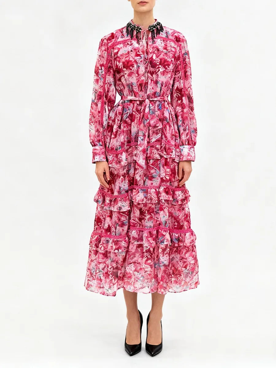 TWOTWINSTYLE Printing Spliced Bead Elegant Dresses for Women Round Neck Long Sleeves Patchwork Ruffles Folds Dress Female New