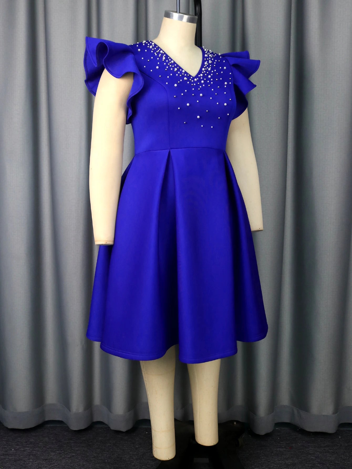 Plus Size Ruffle Sleeve A Line Dress with Pearl Embellished