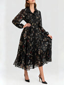 Printed Sheer Spliced Belt  Dresses