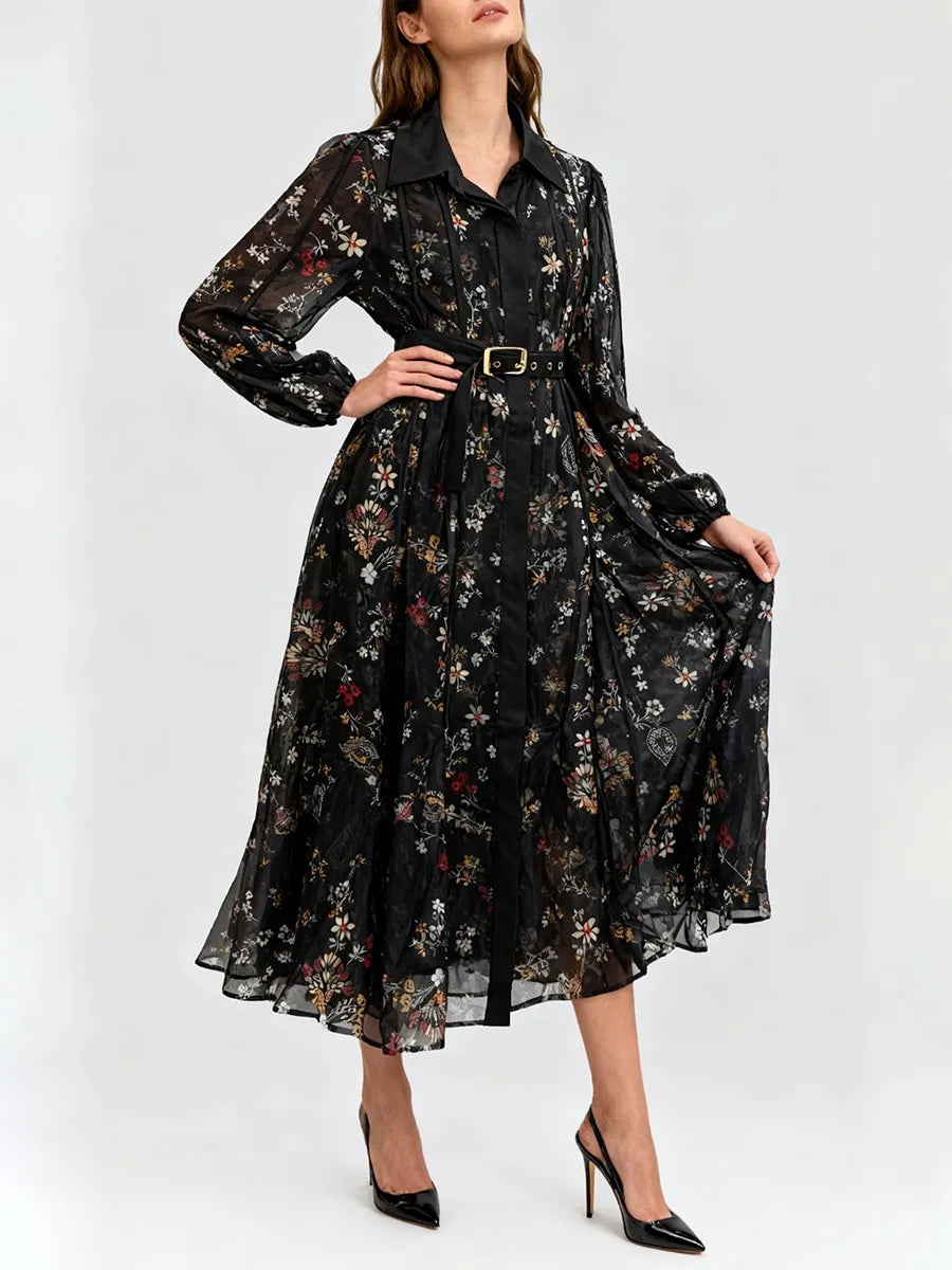 Printed Sheer Spliced Belt  Dresses