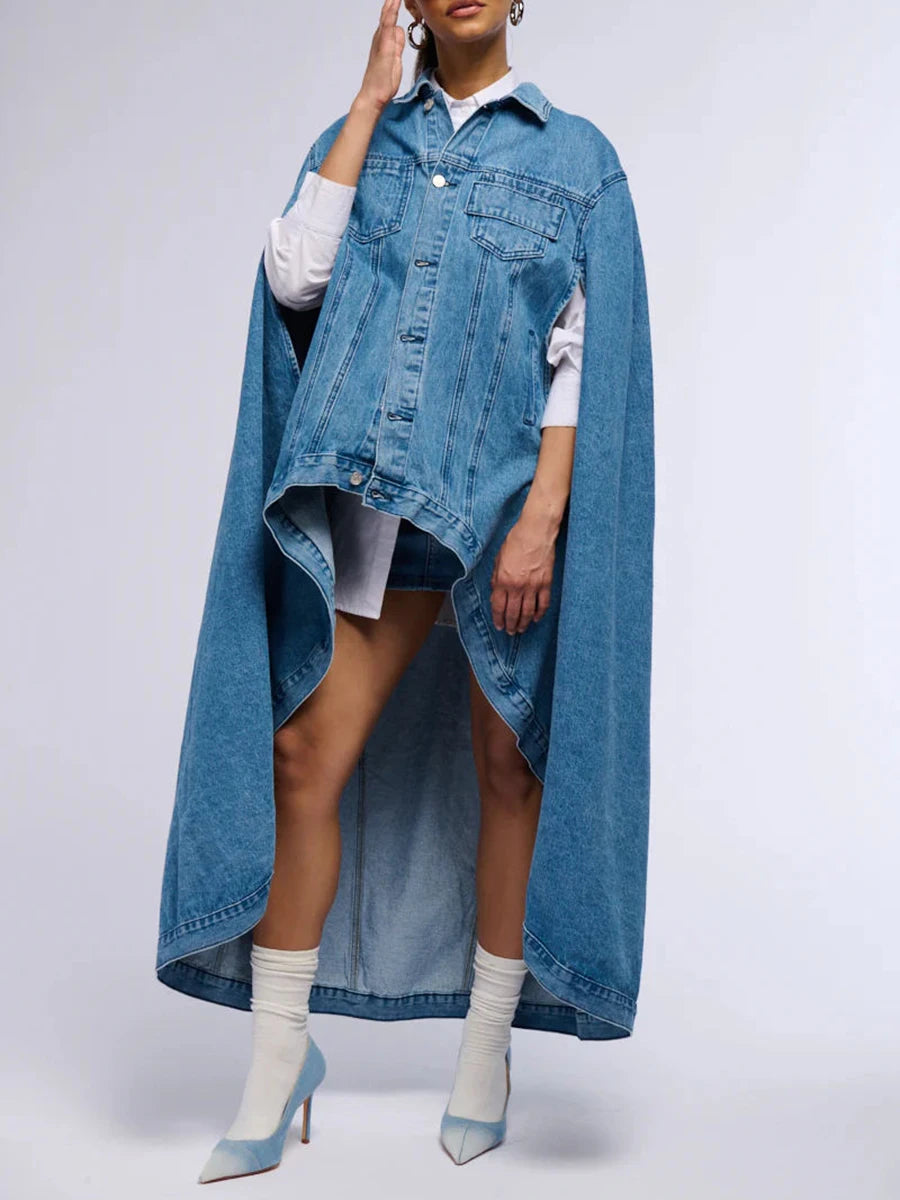 Denim Lapel Batwing Sleeve Coat