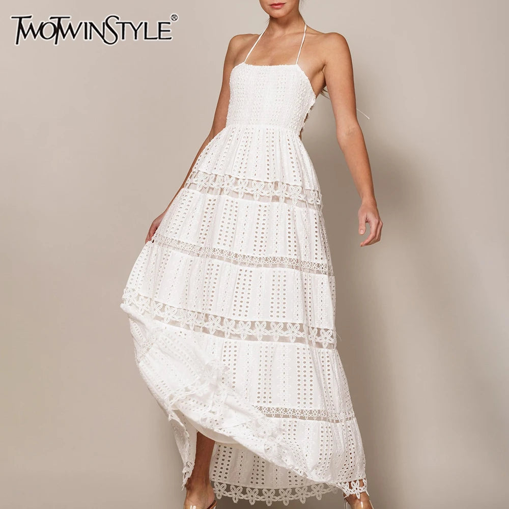 Hollow Out Spliced Embroidery Long Dresses