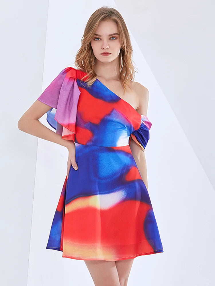 Asymmetrical Print Color Block Mini Dress