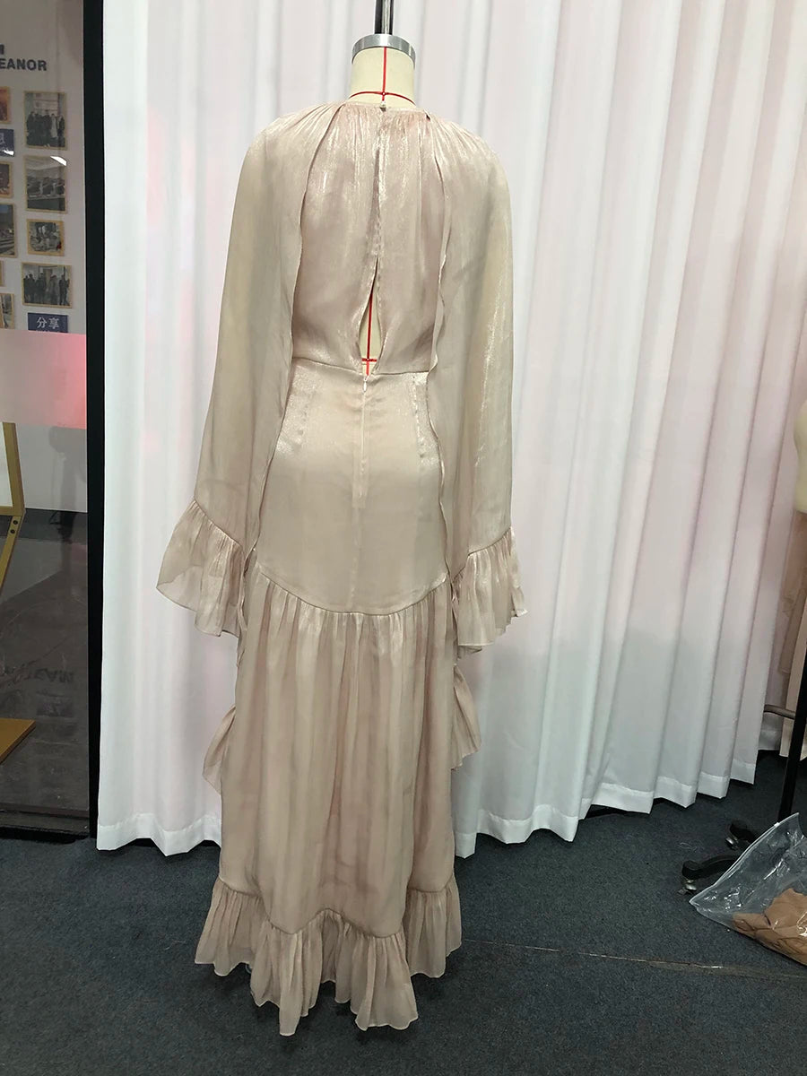 TWOTWINSTYLE Fashion Spliced Ruched Irregular Long Dress for Women Round Neck Sleeveless Tunic Patchwork Cloak Dresses Female