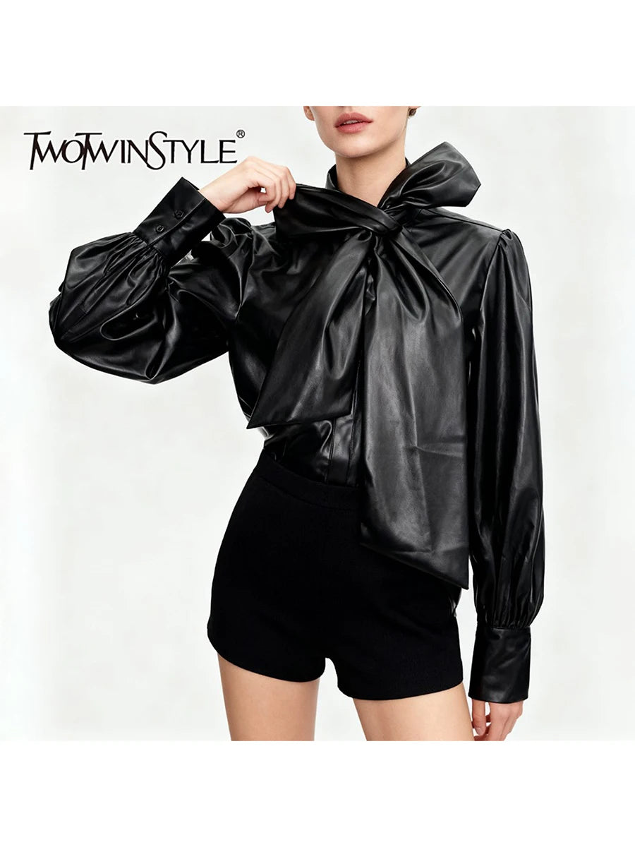 Spliced Bowknot Leather Shirts