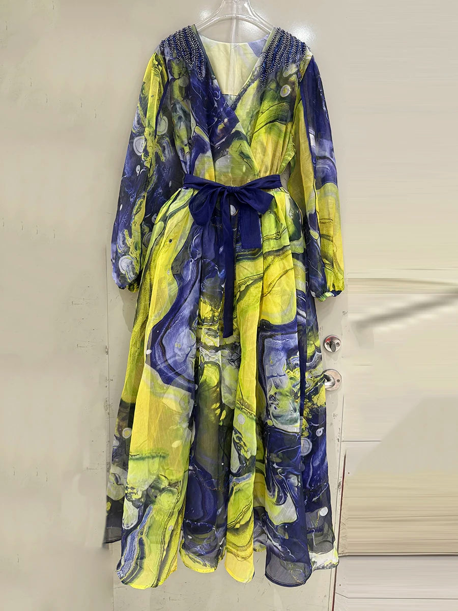 V-Neck Long Sleeves Patchwork Folds Dress