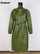 Long Green Hard Leather Trench Coat