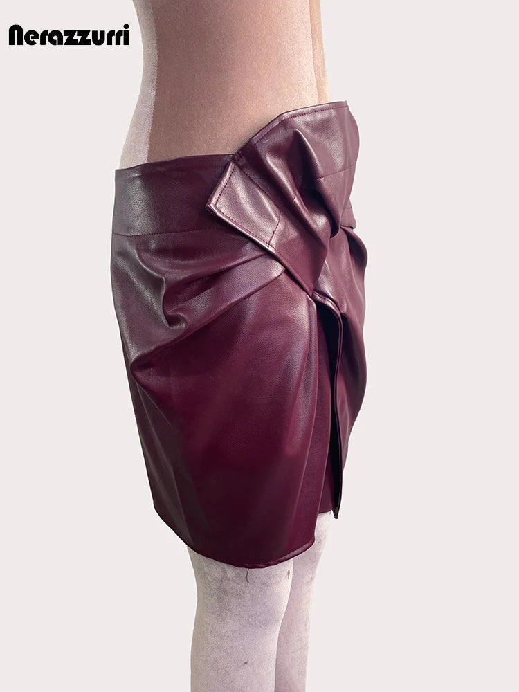 Wine Red Patchwork Leather Mini Skirt