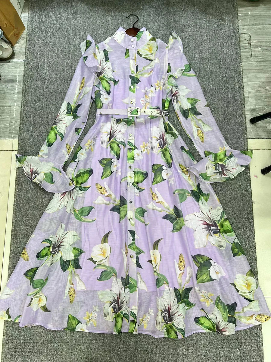 Printed Spliced Ruffles Folds Dresses