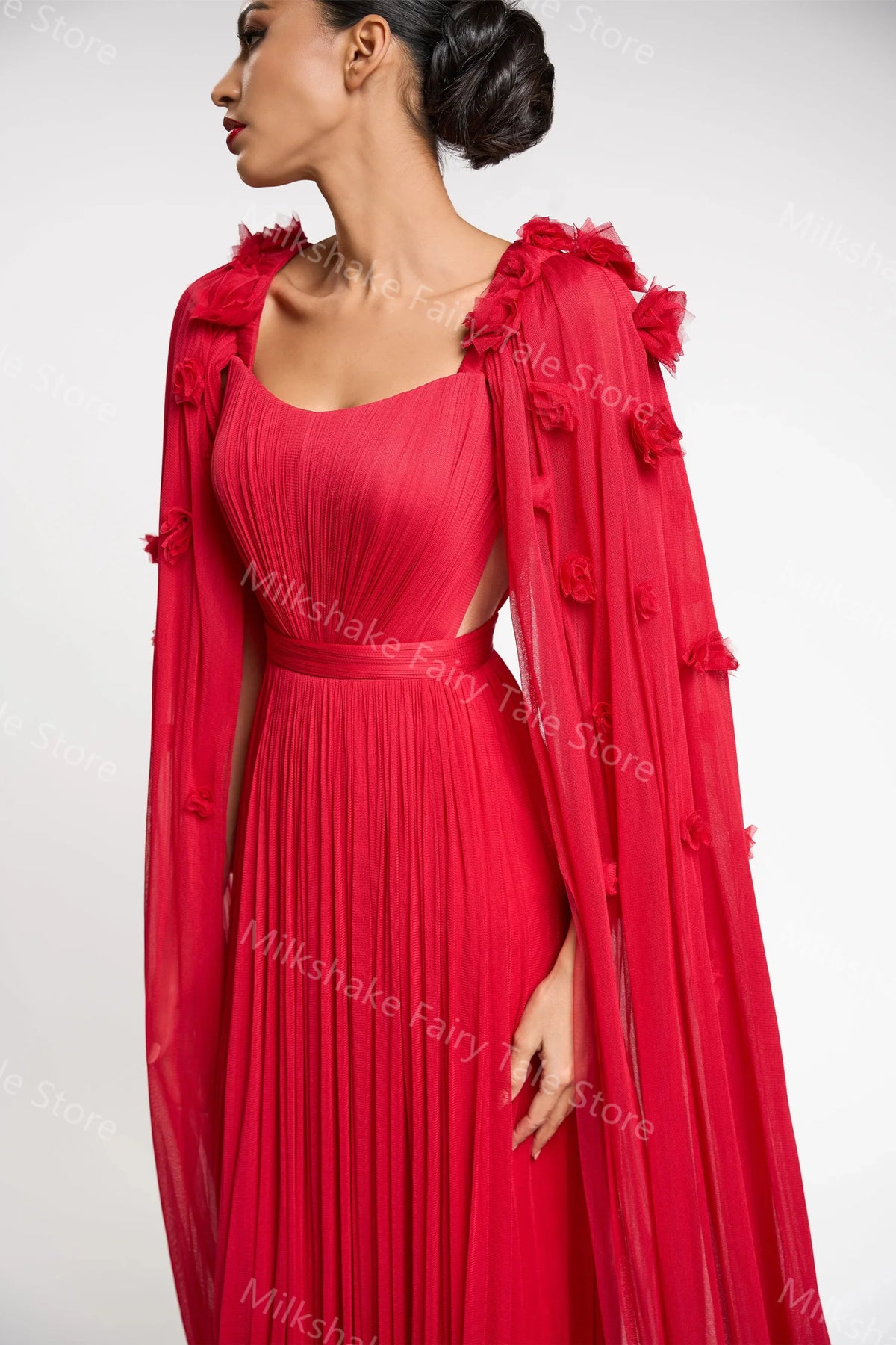 Vintage Red Women Evening Dresses Floral Appliques Sleeveless Chiffon Prom Gowns with Long Shawls Customized Wedding Guest Gowns