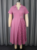 Plus Size Midi Dress Turn-Down Collar Dress