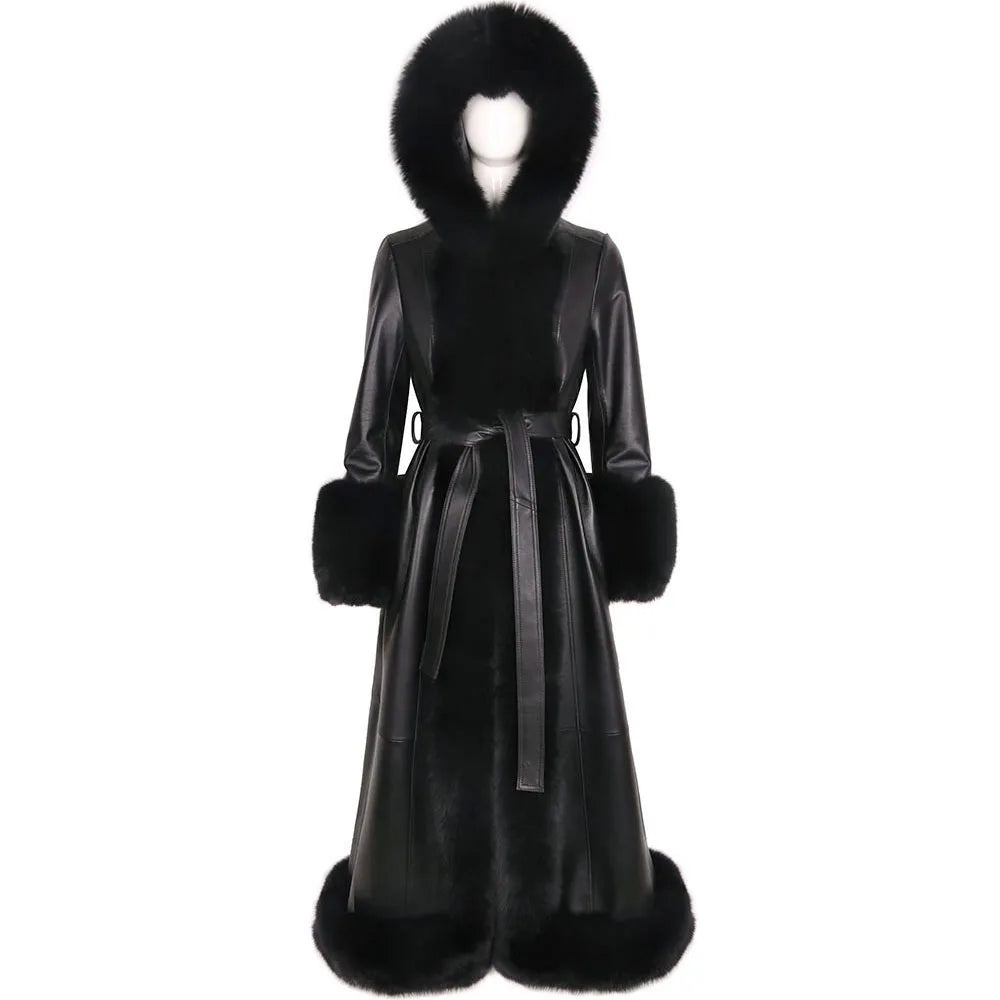 Fur Collar Hooded Leather Trench Coat