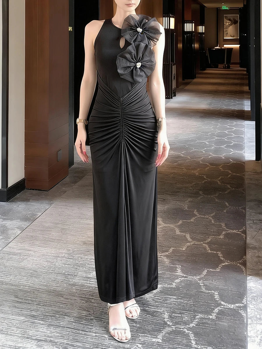 Solid Spliced 3D Flower Fashion Long Dresses