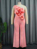 Plus Size Flower Appliqués One Shoulder  Jumpsuits