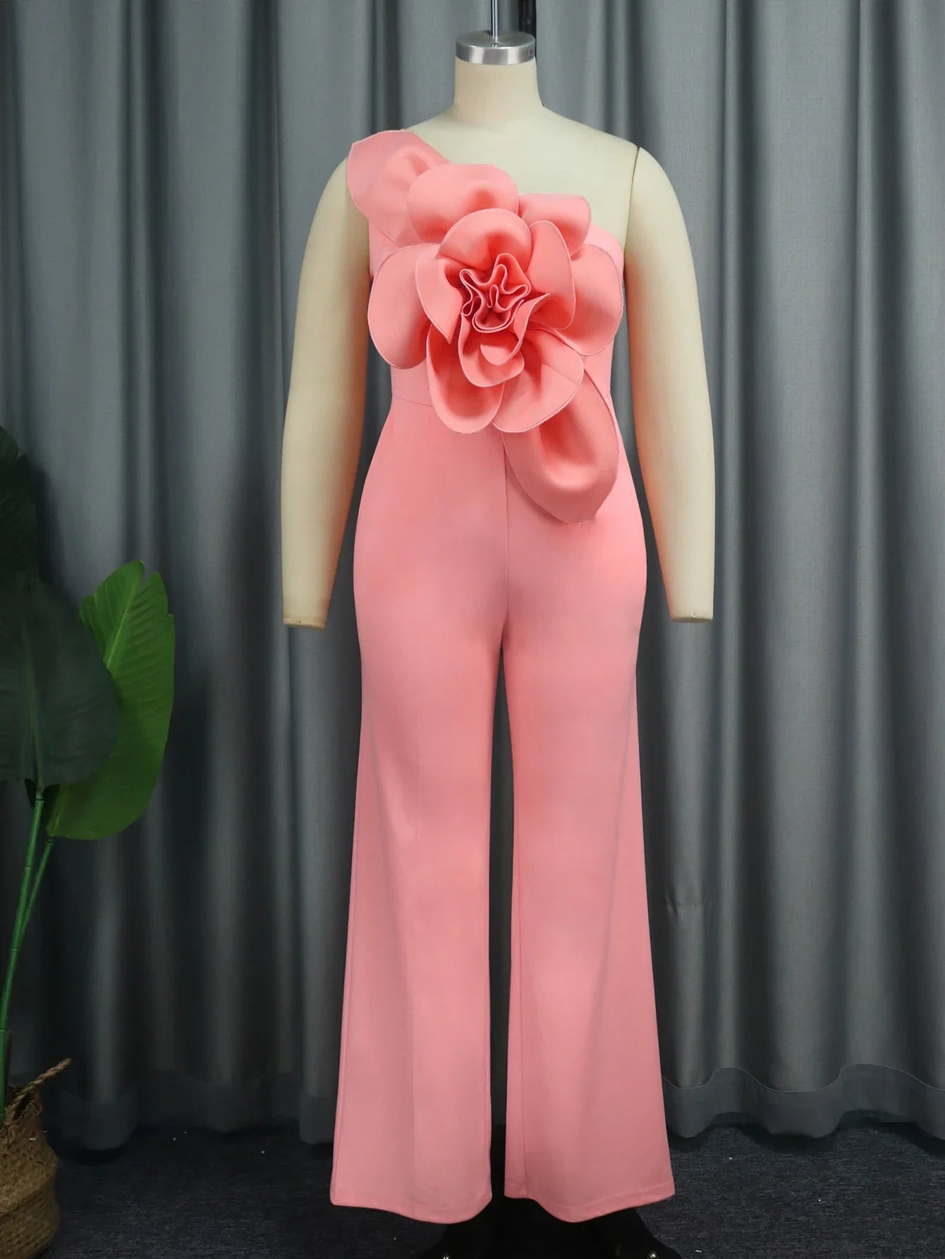 Plus Size Flower Appliqués One Shoulder  Jumpsuits