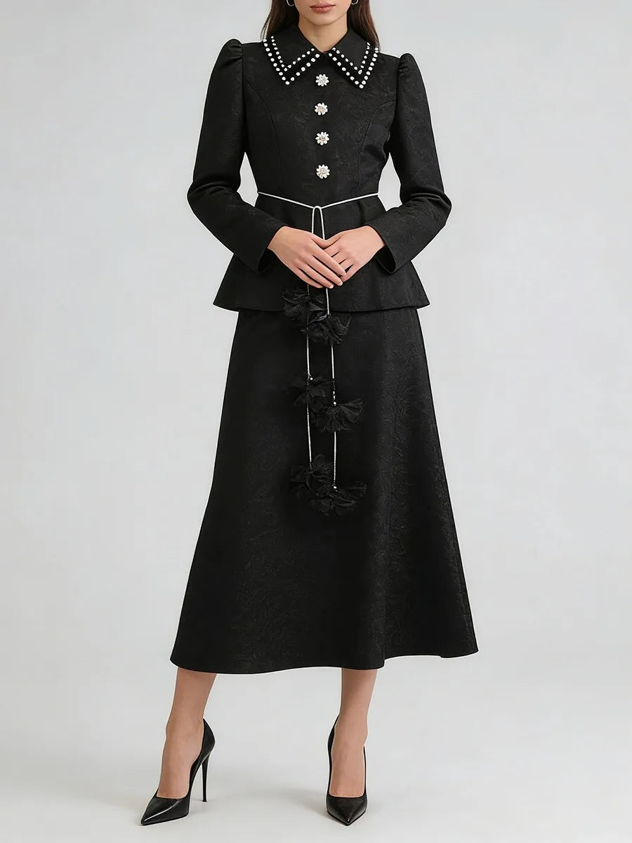 Black Printing Spliced Lace Two Piece Sets