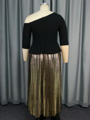 Women Black Top And Gold Long Pleated Skirt Sets Off Shoulder Split Shirt High Waist  A-Line Skirts Two Pieces Set Plus Size 4XL