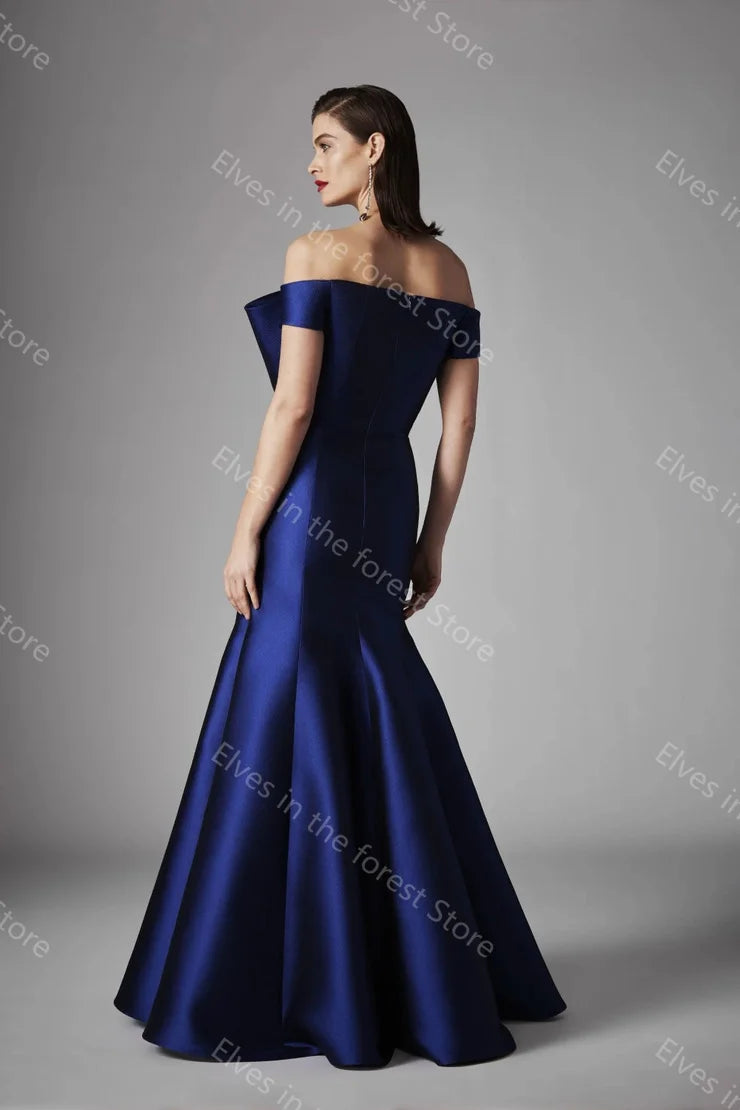 Off Shoulder Royal Blue Bow Satin Mermaid Dress