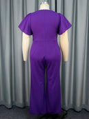 Women Elegant Purple Jumpsuit Asymmetrical Neck Short Sleeve Patchwork Bow High Waist Wide Leg Rompers Plus Size 4XL One Piece